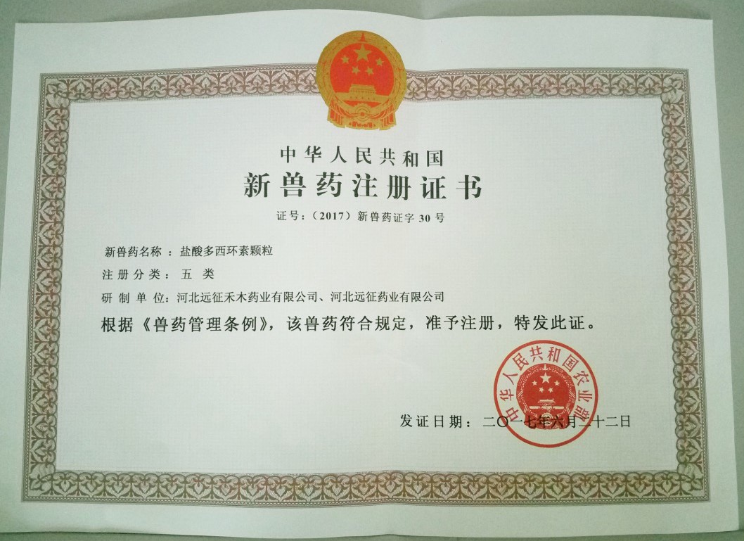 遠(yuǎn)征藥業(yè)喜獲“鹽酸多西環(huán)素顆?！毙芦F藥證書
